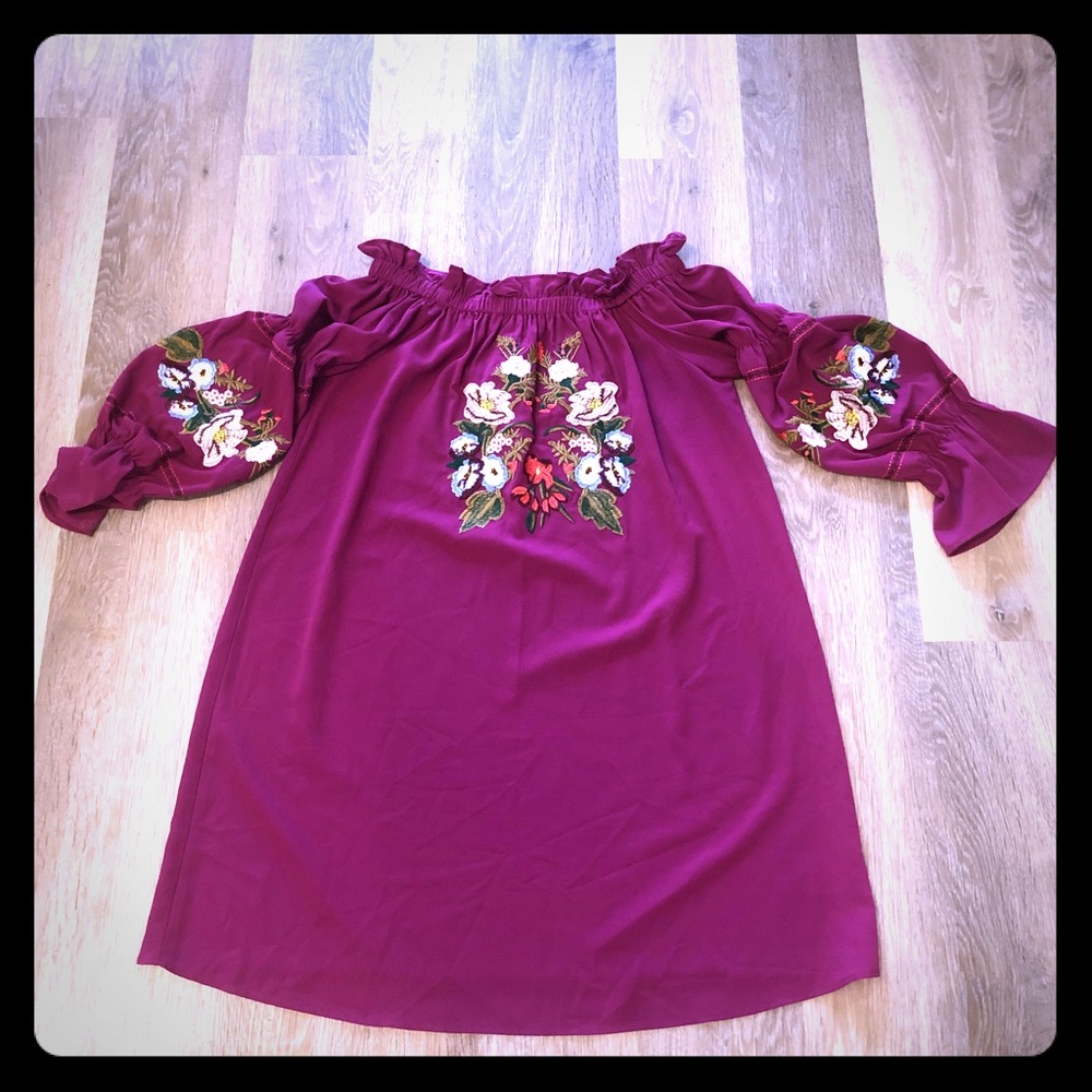 Pink, off the shoulder, flower appliqué, LS dress